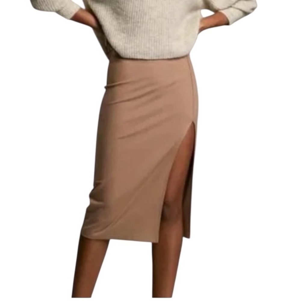 Babaton Beige Midi Pencil Skirt with Side Slit